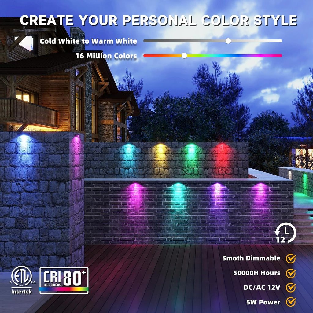 8 Pack 7 Inch 5W Retaining Wall Lights Outdoor, RGBCW LED Hardscape Lighting Color Changing, Low Voltage Landscape Lights 12V AC/DC, IP65 Waterproof Paver Lights Smart APP & Remote Control, FCC Listed