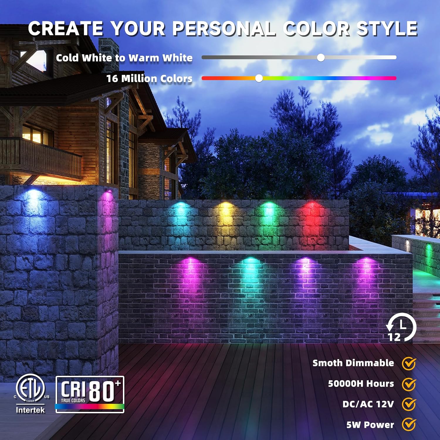 8 Pack 7 Inch 5W Retaining Wall Lights Outdoor, RGBCW LED Hardscape Lighting Color Changing, Low Voltage Landscape Lights 12V AC/DC, IP65 Waterproof Paver Lights Smart APP & Remote Control, FCC Listed