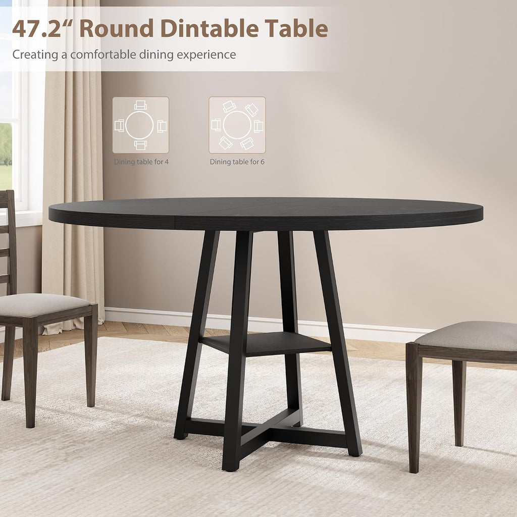 Garvee 47.2 in Round Dining Table for 4-6 People, Industrial Round Kitchen Table with Sturdy Metal Pedestal Base & Storage Shelf, Circle 4 Dinner Table for Dinner, Kitchen, Dining Room