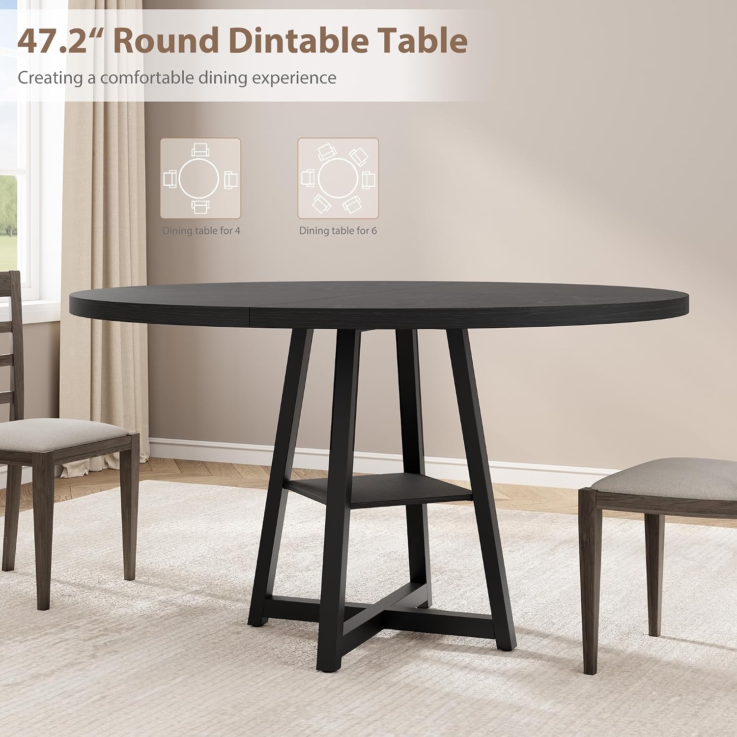 Garvee 47.2 in Round Dining Table for 4-6 People, Industrial Round Kitchen Table with Sturdy Metal Pedestal Base & Storage Shelf, Circle 4 Dinner Table for Dinner, Kitchen, Dining Room
