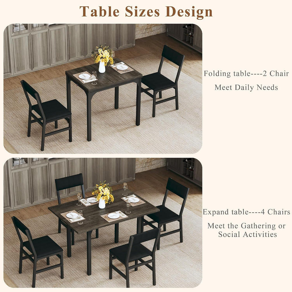 HUAHUU Dining Table Set for 4, Extendable Kitchen Table Cushion Chairs Set of 4, Rectangle Dining Table with Metal Frame & MDF Board, Folding for Small Apartment Saving Space, Gray
