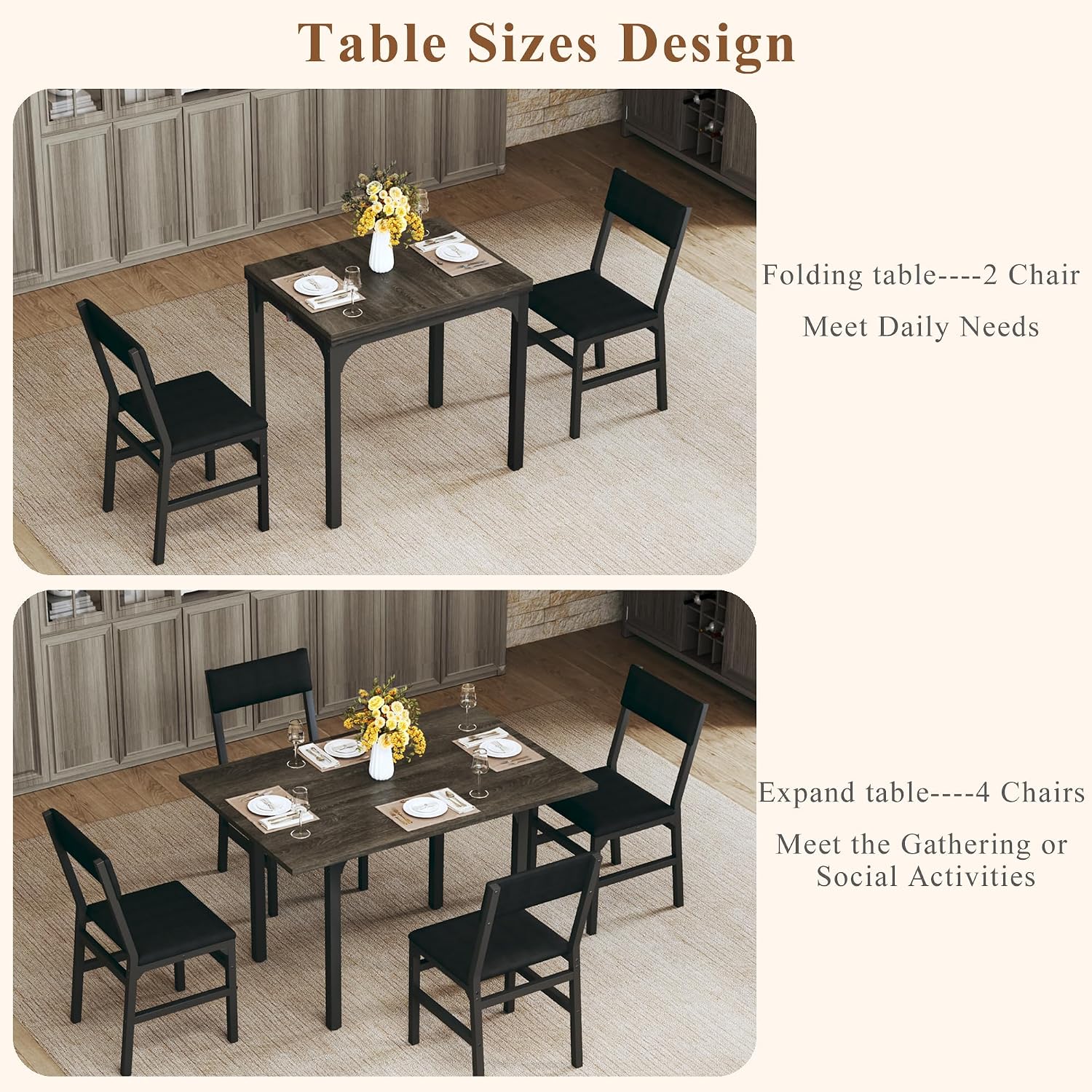 HUAHUU Dining Table Set for 4, Extendable Kitchen Table Cushion Chairs Set of 4, Rectangle Dining Table with Metal Frame & MDF Board, Folding for Small Apartment Saving Space, Gray
