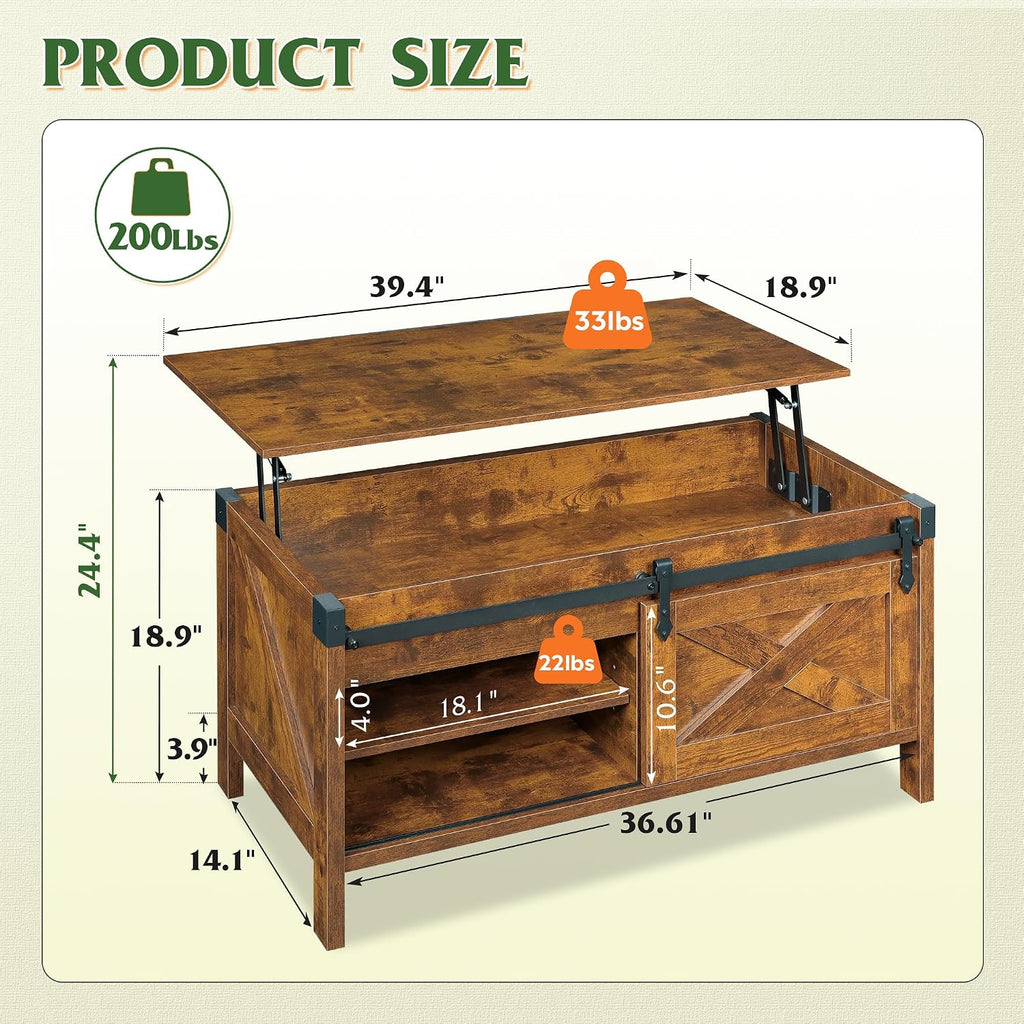 WLIVE Lift Top Coffee Table, 39.4' Farmhouse Coffee Table with Large Hidden Storage Compartment, Sliding Barn Doors, Modern Wood Center Table for Living Room, Office, Rustic Brown