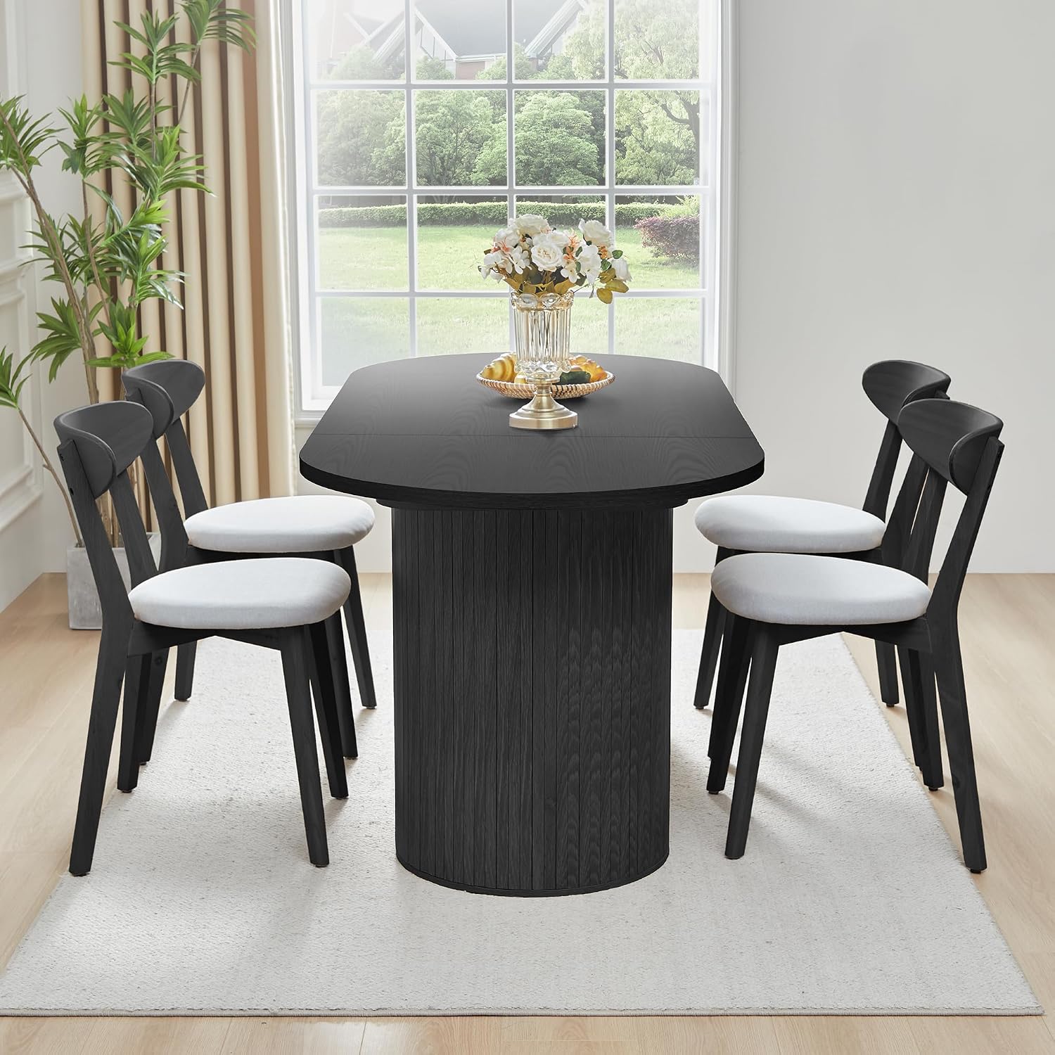 70.8 Inch Dining Table for 4-6 People, Oval Kitchen Table with Semi-Cylindrical Legs Base, Modern Farmhouse Round Dinner Tables for Dining Room Kitchen Living Room (Black)