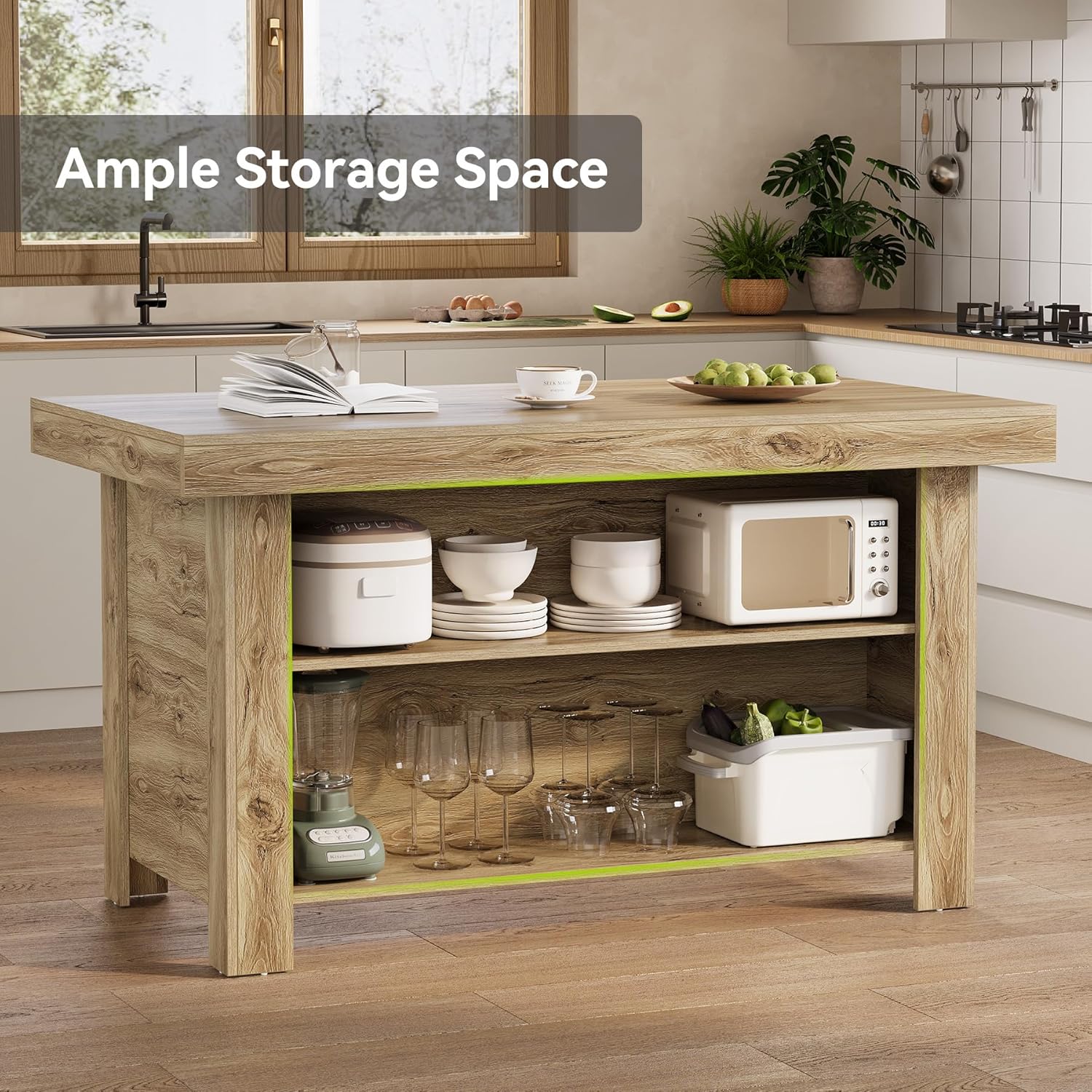 LITTLE TREE 55 Inches Kitchen Island with Storage, 3-Tier Farmhouse Wooden Stationary Island Table with Large Worktop & Leg Room, Modern Coffee Bar Table with Storage Shelf for Kitchen, Oak