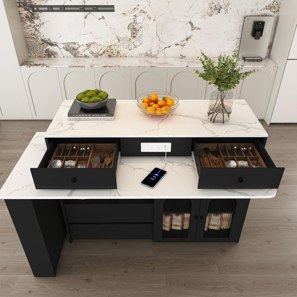 KEIKI Kitchen Island with Extendable & Rotating Table, Expandable Dining Station for 2-4, Kitchen Storage Islands with 4 Drawers & Glass Door Cabinets & Built-in Socket for Dining Room, Black