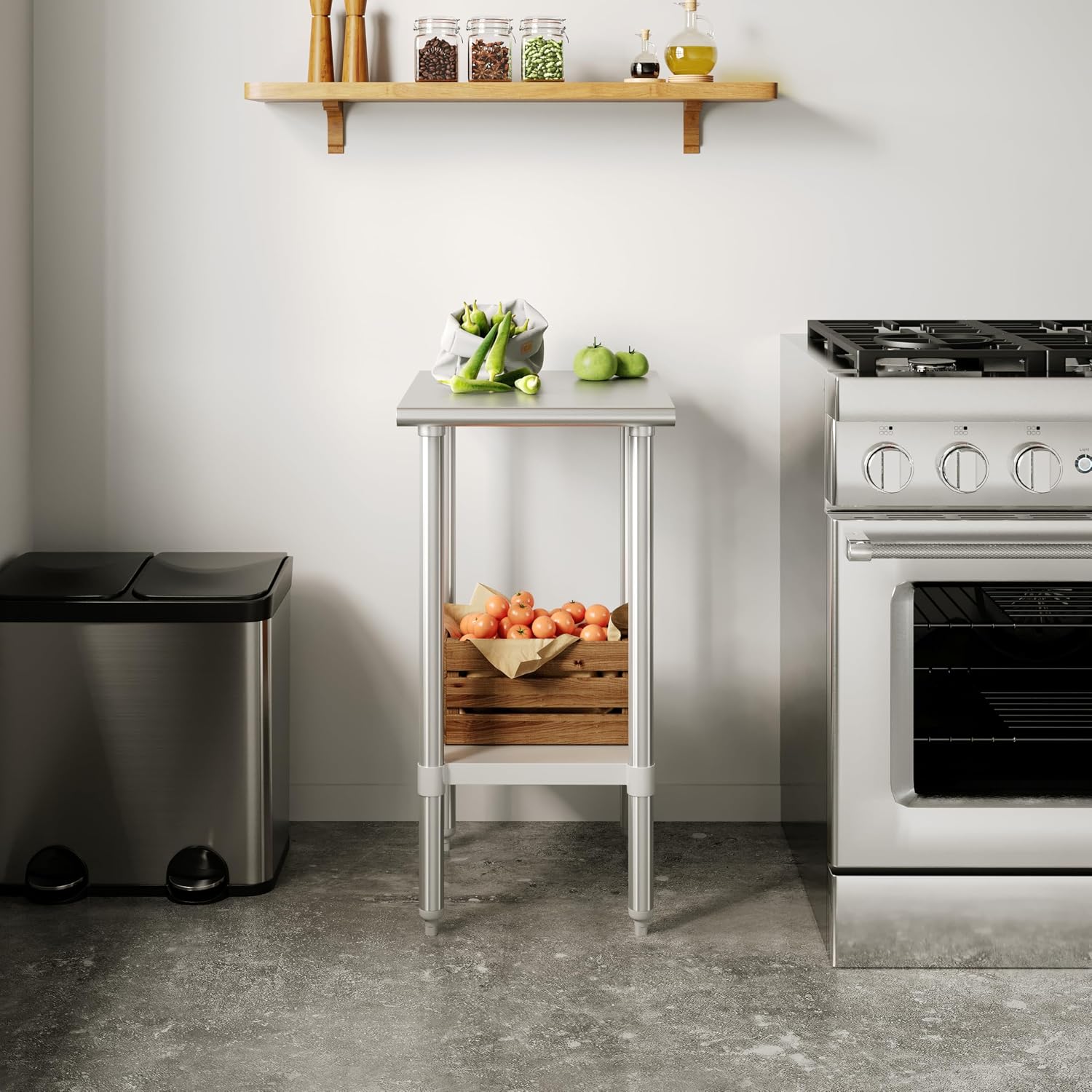 Flash Furniture Reese NSF Certified Stainless Steel Kitchen Prep and Work Table, Commercial Work Table with Storage, 18' W x 24' D x 34.5' H, Silver