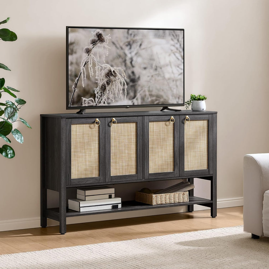 SICOTAS 55' Obsidian Sideboard Buffet Cabinet with Rattan Doors, Modern Industrial Coffee Bar Cabinet with Open Shelf, Black Wood Credenza & Console Table for Entryway, Kitchen, Dining Room