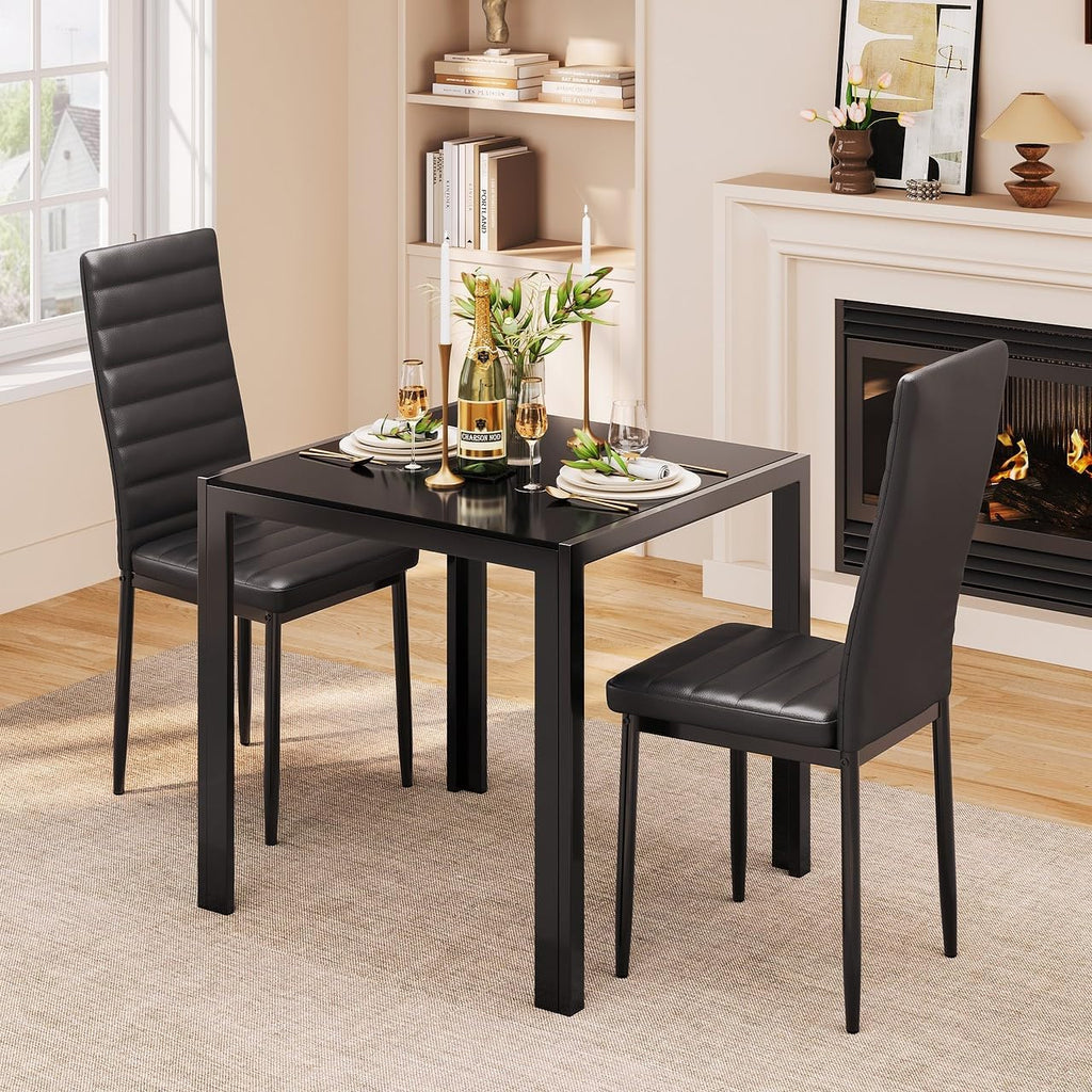 Gizoon 3 Piece Glass Dining Table Set, Kitchen and Chairs for 2, PU Leather Modern Room Sets for Home, Kitchen, Living Room