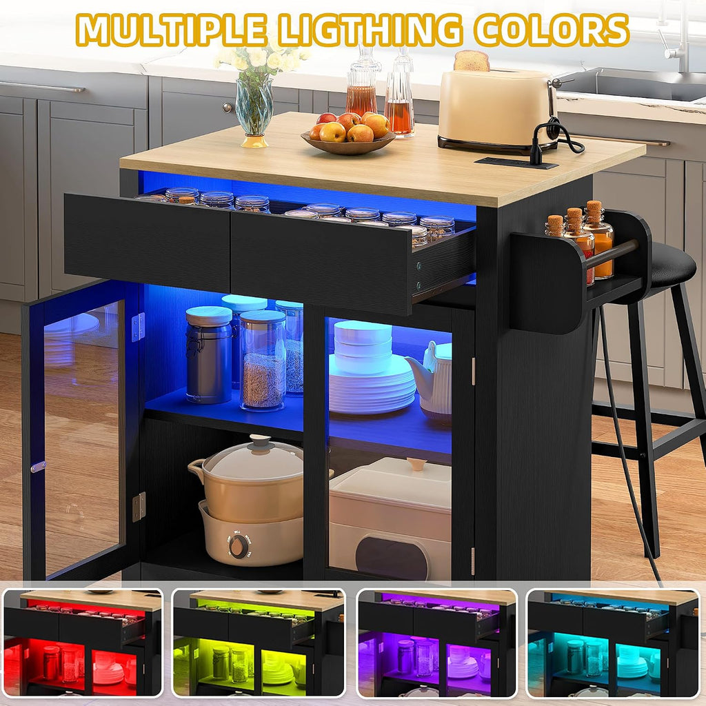 DWVO Kitchen Island with Drop Leaf, Mobile Kitchen Storage Islands with Power Outlet & LED Lights, 37.5' Rolling Dinning Table with Seating, 2 Soft Cushion Bar Stools, Towel & Spice Rack, Qak Black
