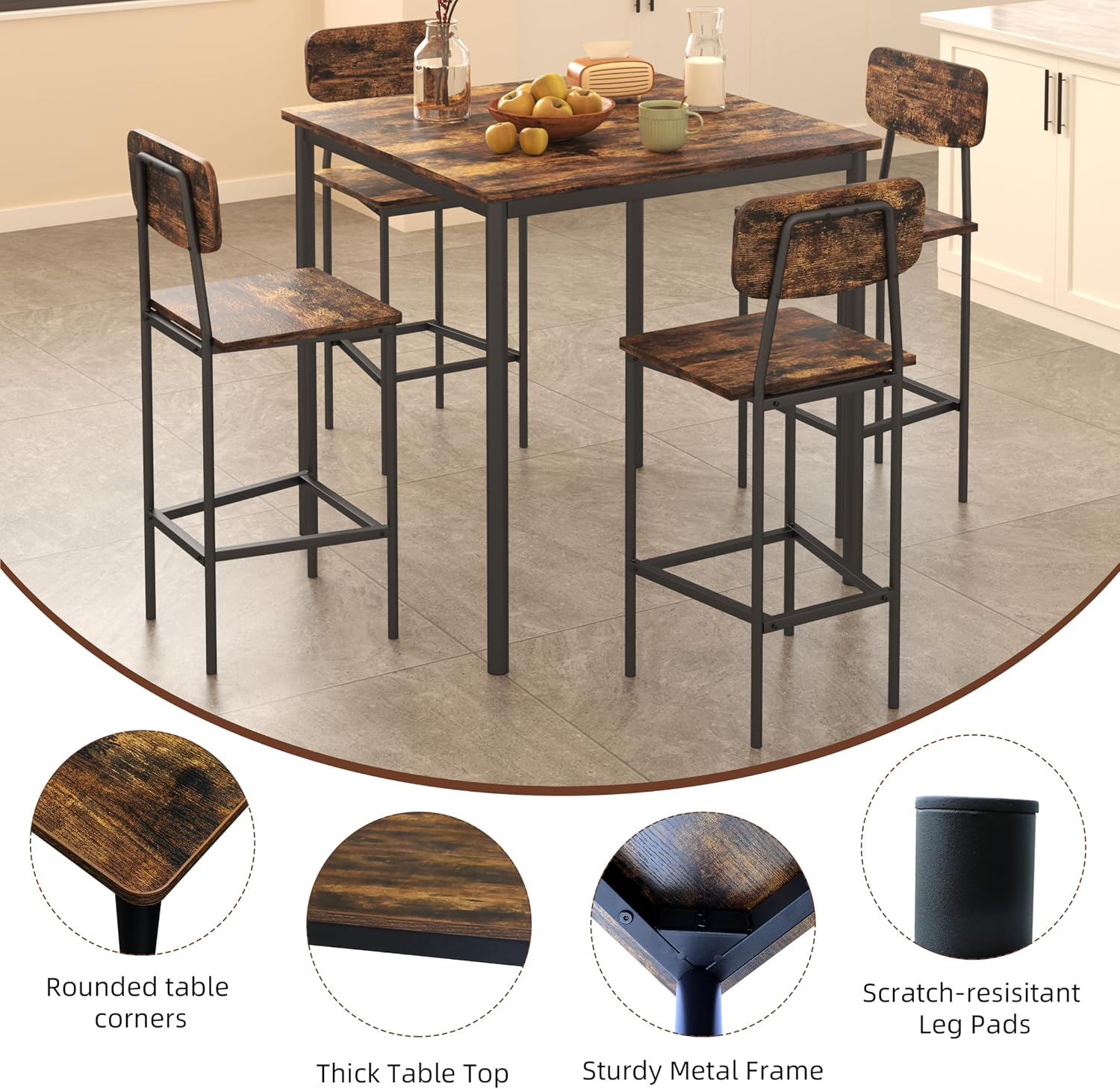 Kitchen Table and Chairs of 4, 5 Piece Dining Table Set, Sturdy Industrial Space Saving Dinette Set for Pub, Family Dinners, Apartment, Rustic Brown