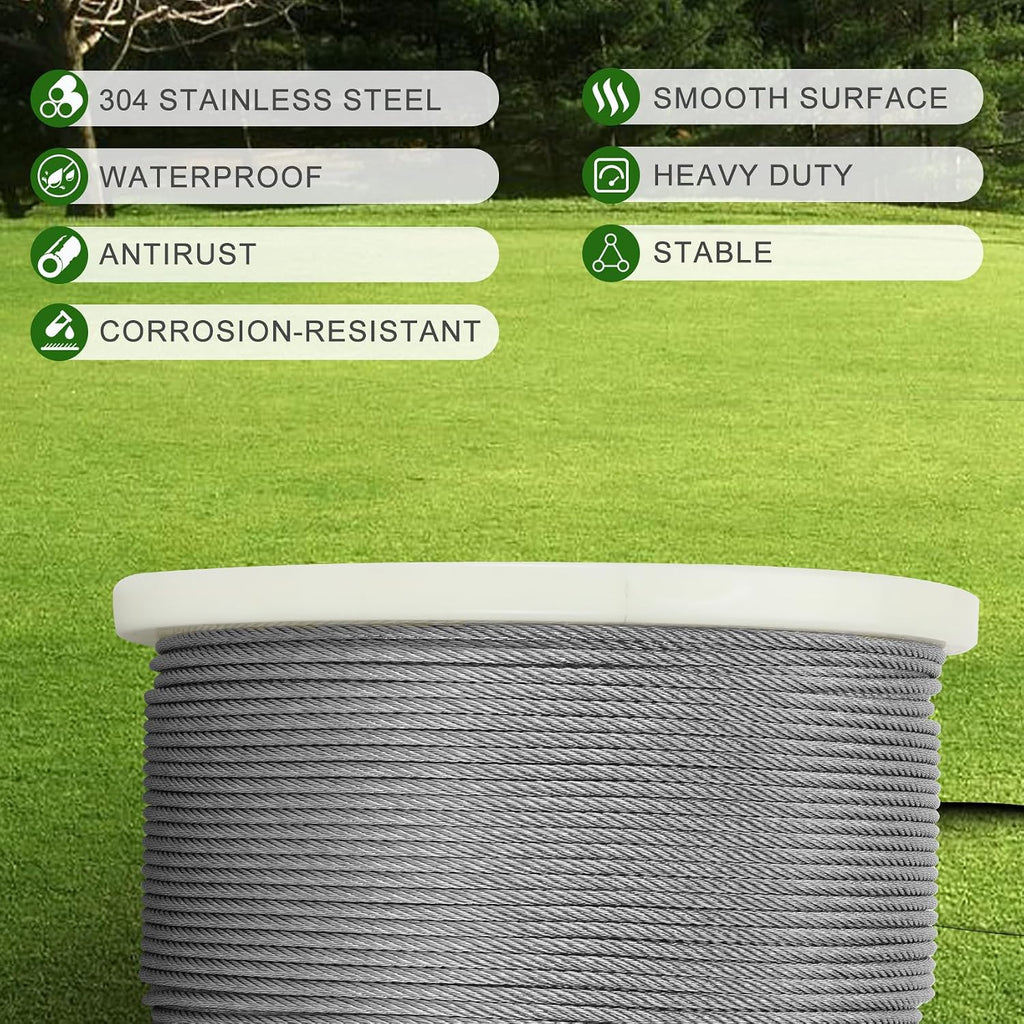 3/32 in Stainless Steel Cable Wire Rope 1000ft, 7x7 Strands Stainless Steel Aircraft Cable, for Deck Railing, String Light Hanging, Marine Rigging, Garden Wire with 300 M2.5 Crimping Loops