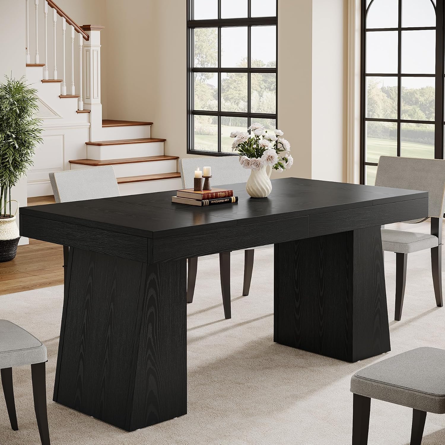Tribesigns Black Dining Room Table for 4-6, 55-Inch Mid-Century Modern Dining Table with Double Pedstral, Rectangular Wood Kitchen Dinner Table for Dining Room, Kitchen, Home