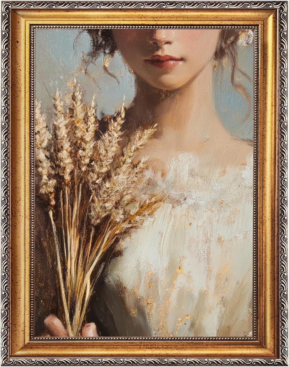 Large Framed Victorian Girl Portrait Painting Vintage Woman Holding Wheat Canvas Wall Art Print Classic European Farm Aesthetic Poster Rustic Romantic Picture Decor for Bedroom Living Room 24x36inch