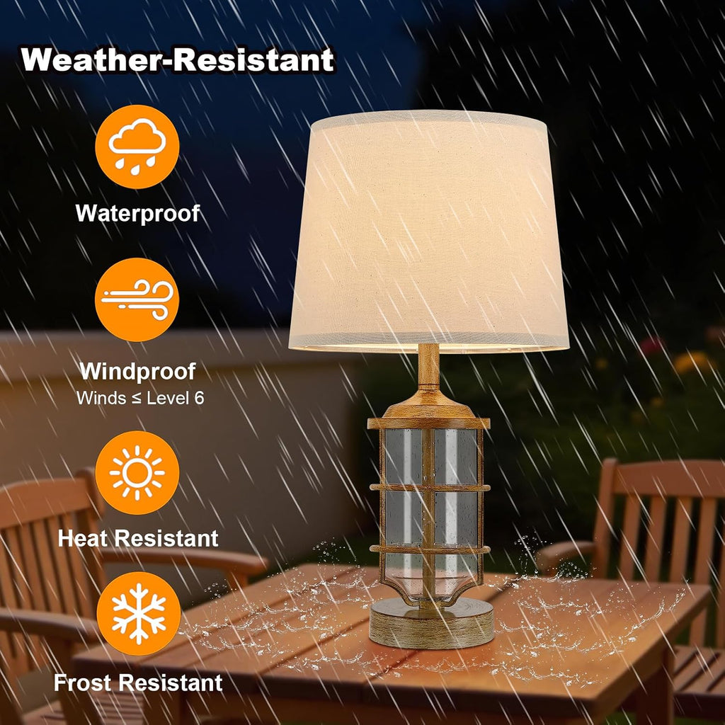 Outdoor Table Lamp, Farmhouse Lamp for Patio Table Decor with Cord, Rustic Table Light with Seeded Glass, 23.5' Plug-in Outdoor Lamps for Patio Waterproof, LED Bulb Included (Wood Color)