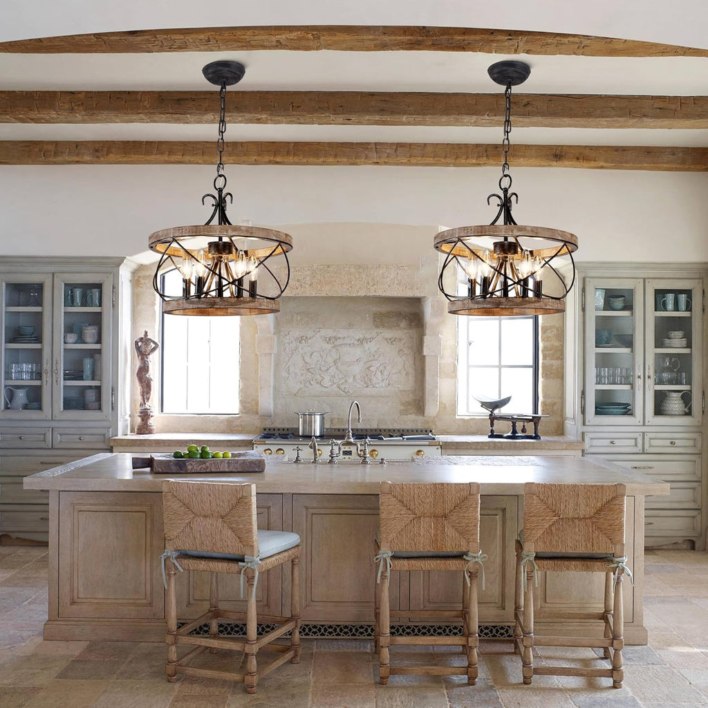 20' Farmhouse Chandelier, Rustic Drum Chandelier Light Fixture Over Table, 5-Light Pendent Light for Dining Room Vintage Wood Chandelier for Bedroom Hanging Lamp for Kitchen