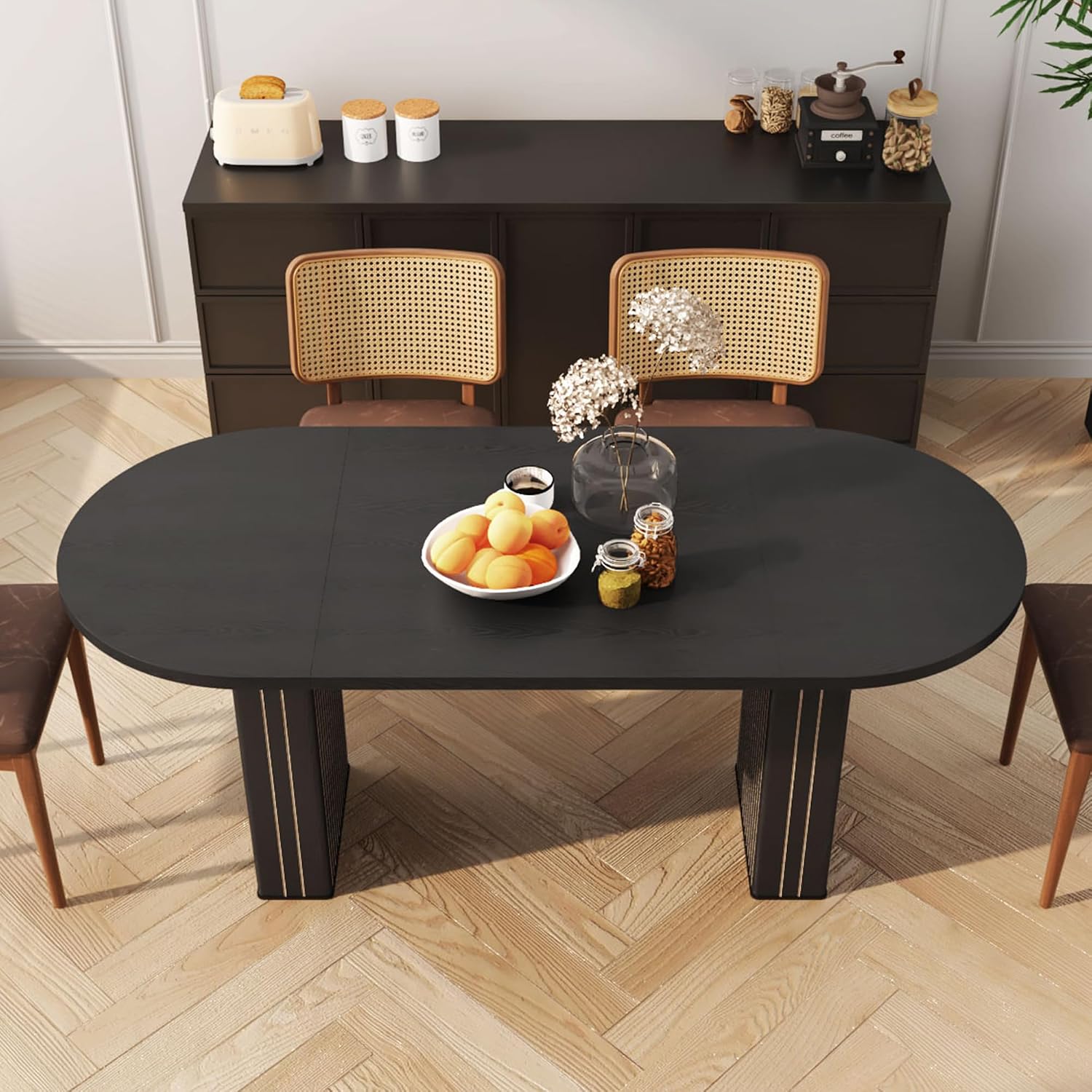 70.8 Inch Kitchen Dining Table for 4-6 People, Oval Kitchen Table with Wood Strip Base, Modern Farmhouse Large Round Dining Room Tables for Home Living Room (Black)