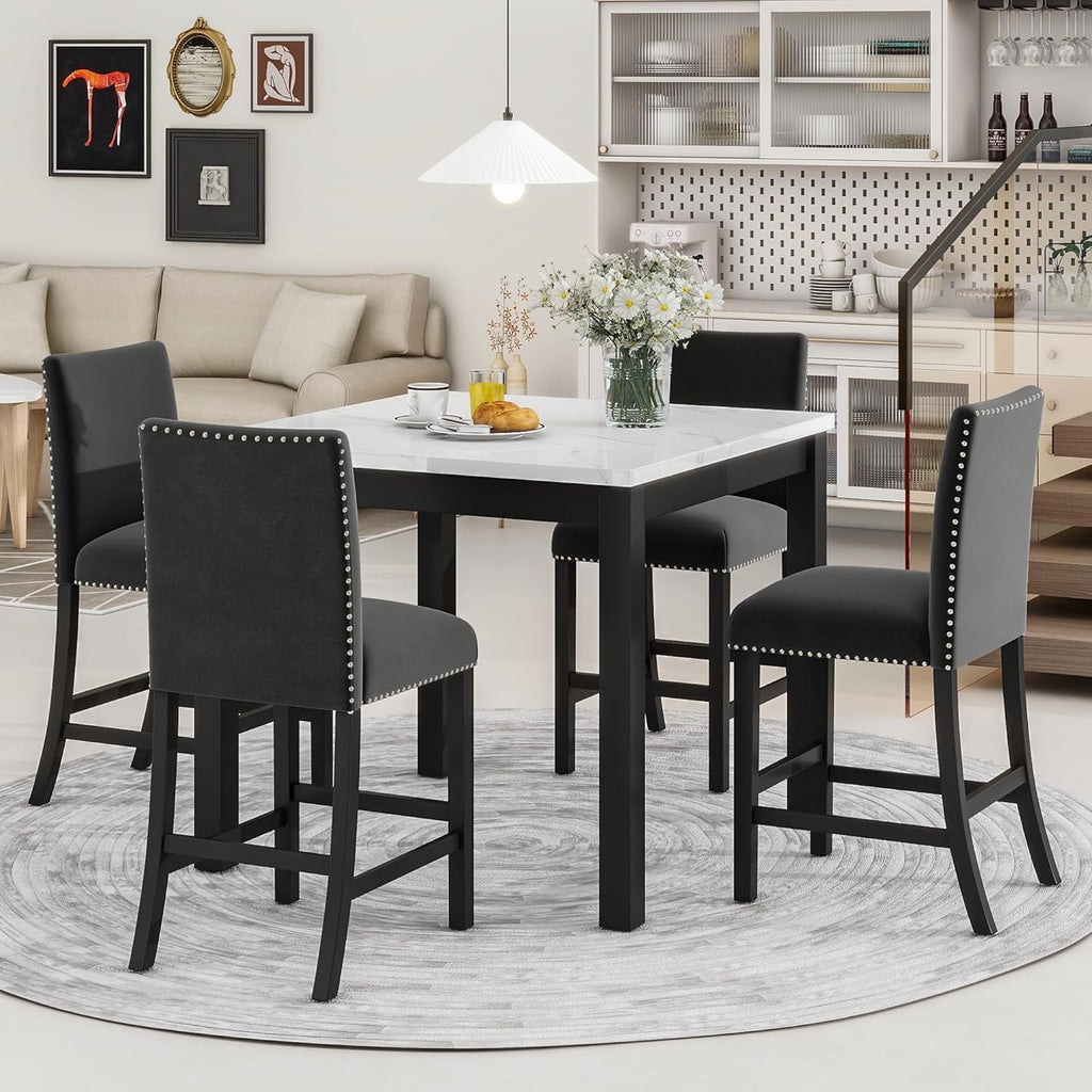 Merax Dining Table Set for 4, Counter Height Kitchen Table with Faux Marble Dining Table and 4 Upholstered-Seat Chairs, 5 Piece Dining Room Set, Black