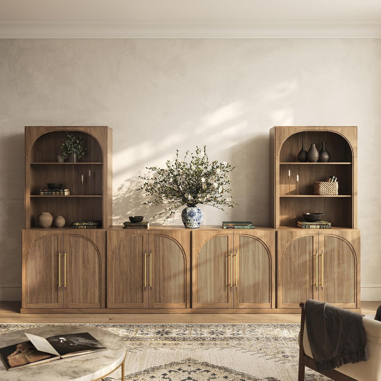 BELLEZE 6-Piece Modular TV Stand, Entertainment Center with Double-Arc Wood Door and Storage Hutch Cabinets, Classic Modern Media Console Table for Living Room Dining Room (Camel)