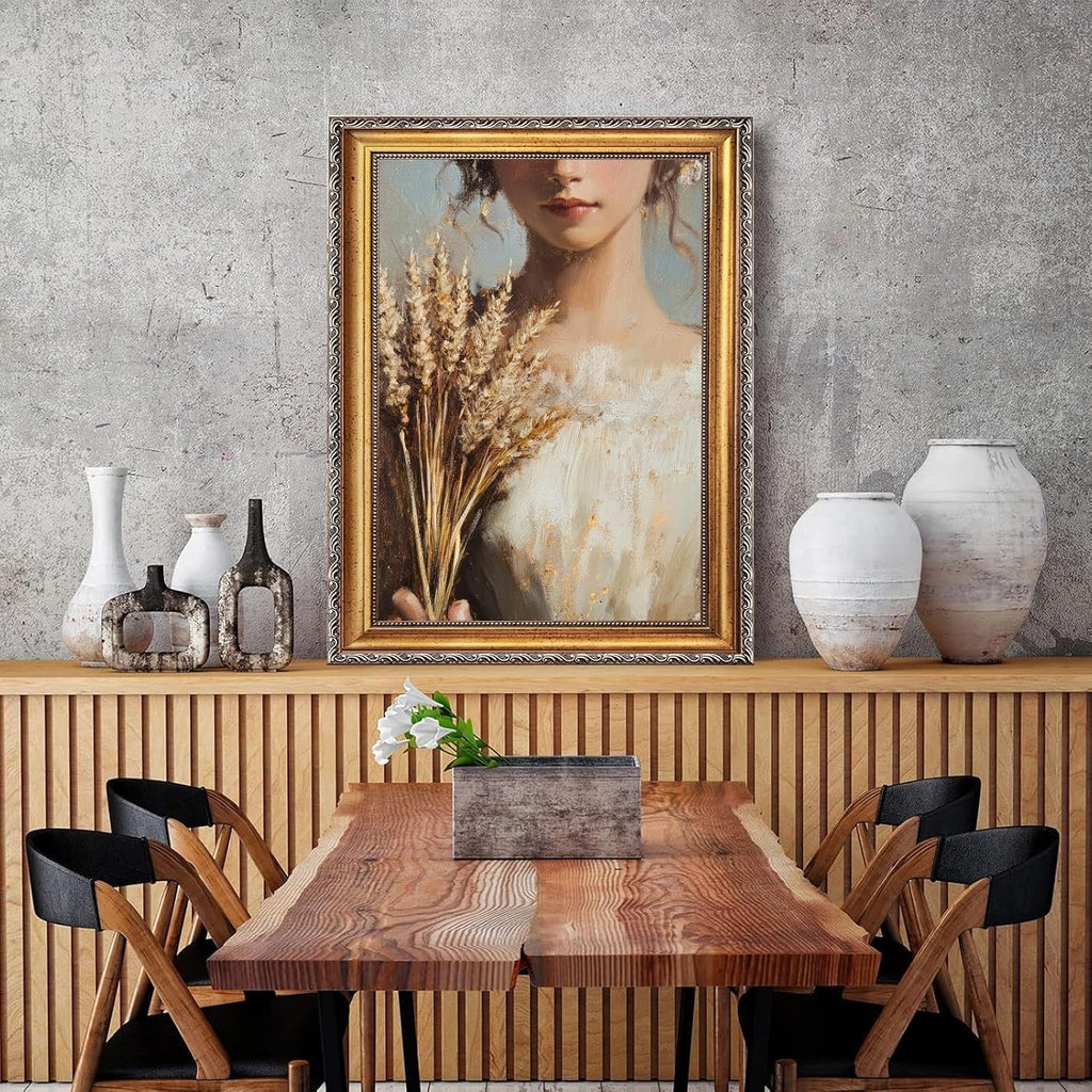 Large Framed Victorian Girl Portrait Painting Vintage Woman Holding Wheat Canvas Wall Art Print Classic European Farm Aesthetic Poster Rustic Romantic Picture Decor for Bedroom Living Room 24x36inch