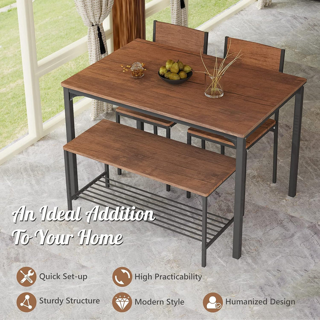 Giantex Dining Table Set for 4, 43' Kitchen Table and Chairs, Dining Bench with Metal Frame & Storage Rack, 4-Piece Modern Functional Desk Set for Dinette, Small Space, Apartment, Restaurant, Walnut
