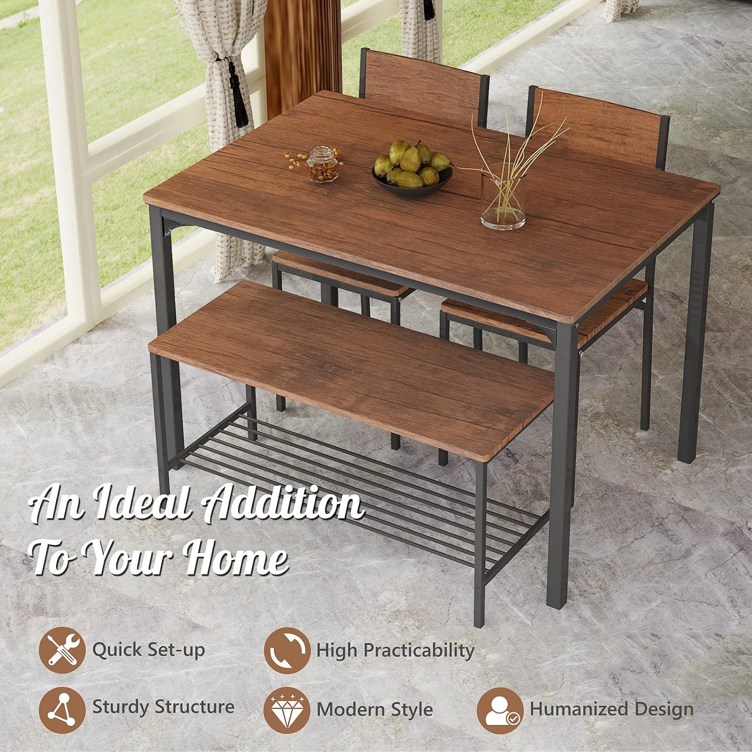 Giantex Dining Table Set for 4, 43' Kitchen Table and Chairs, Dining Bench with Metal Frame & Storage Rack, 4-Piece Modern Functional Desk Set for Dinette, Small Space, Apartment, Restaurant, Walnut