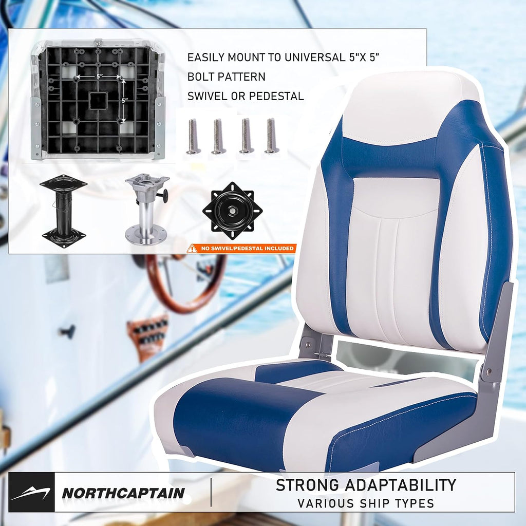 NORTHCAPTAIN S1 Deluxe A Pair of Marine High Back/Low Back Folding Fishing Boat Seat for Fishing, Bass/Jon/Pontoon Boat Chairs, 4 Mounting Screws Included