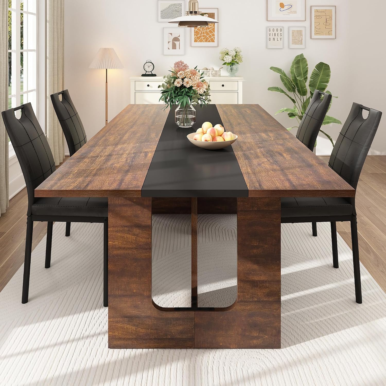 Squireewo 70 INCH Dining Table for 4 6 People, Modern Wooden Dining Table W/Thickened Waterproof Tabletop, Rectangle Dinner Table with Heavy Duty Legs for Kitchen, Dining Room (Brown&Black)