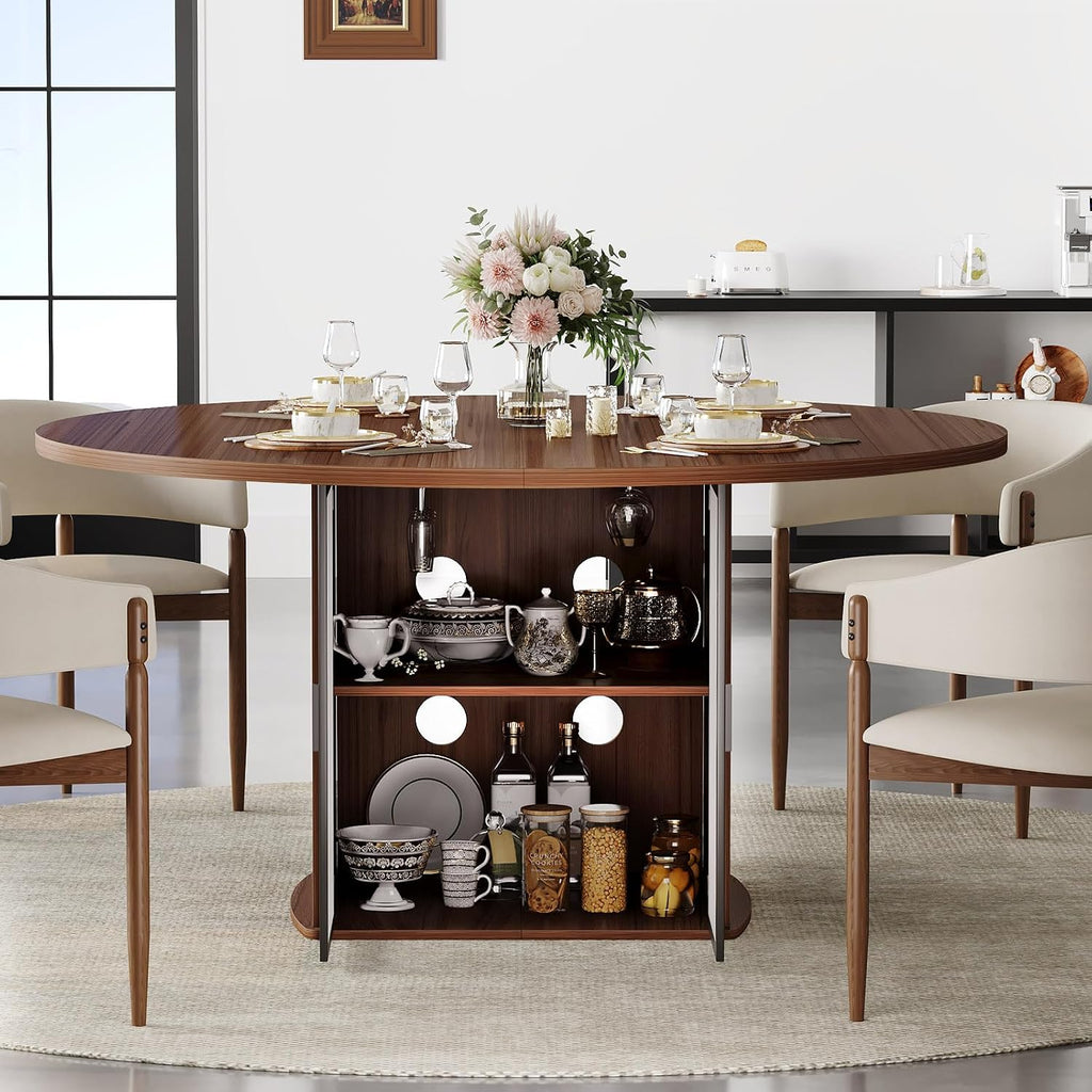 IBF 47' Round Dining Table for 4-6, Circle Kitchen Table with Storage Shelf, Circular Dining Room Tables with Fridge Space, Wood Dinner Tables for Home Kitchen, Walnut (Only Table)