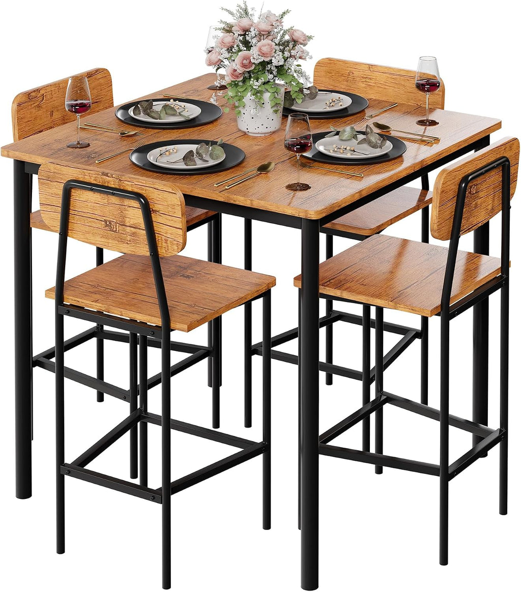 Kitchen Table and Chairs of 4, 5 Piece Dining Table Set, Sturdy Industrial Space Saving Dinette Set for Pub, Family Dinners, Apartment, Brown