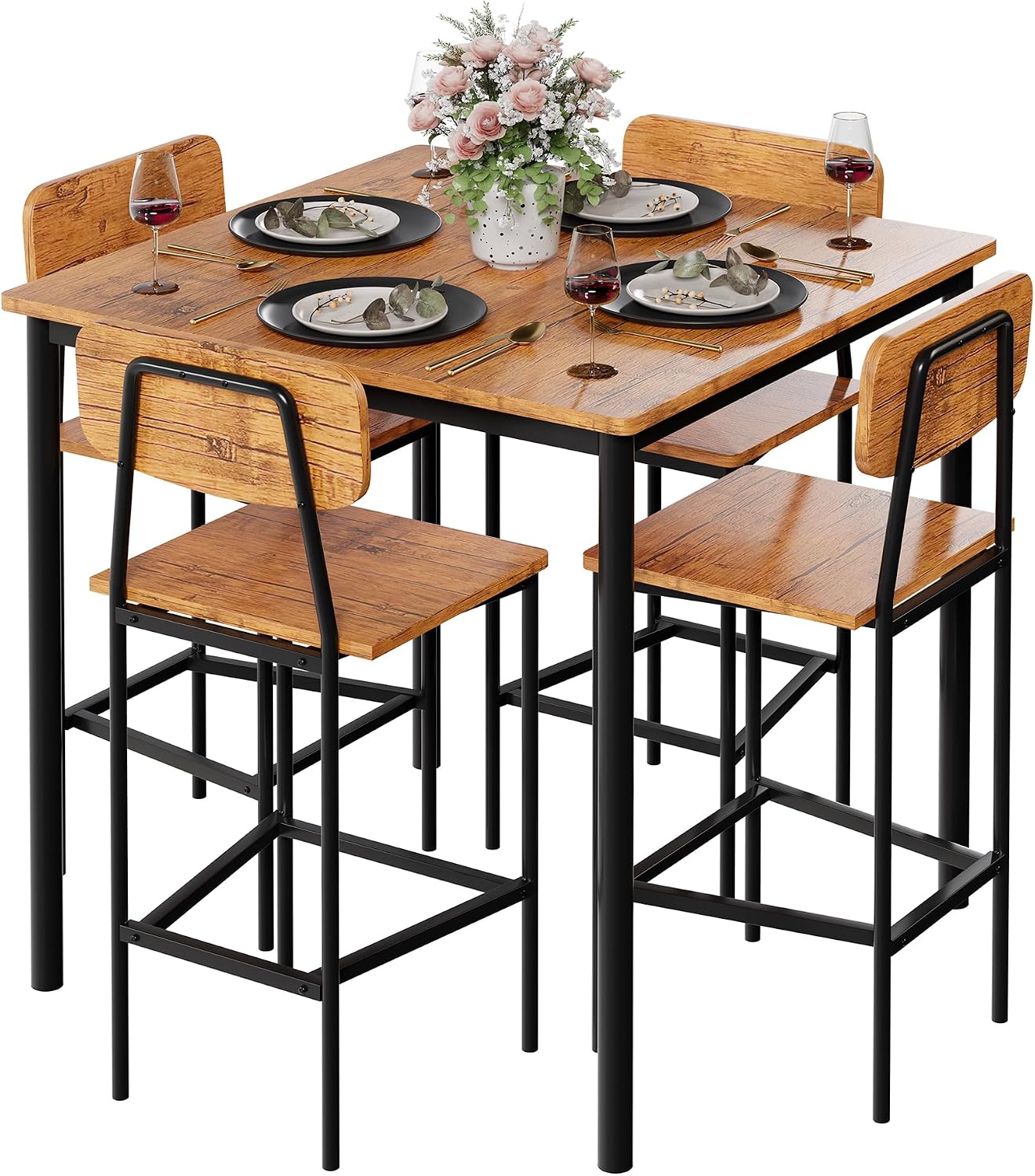 Kitchen Table and Chairs of 4, 5 Piece Dining Table Set, Sturdy Industrial Space Saving Dinette Set for Pub, Family Dinners, Apartment, Brown