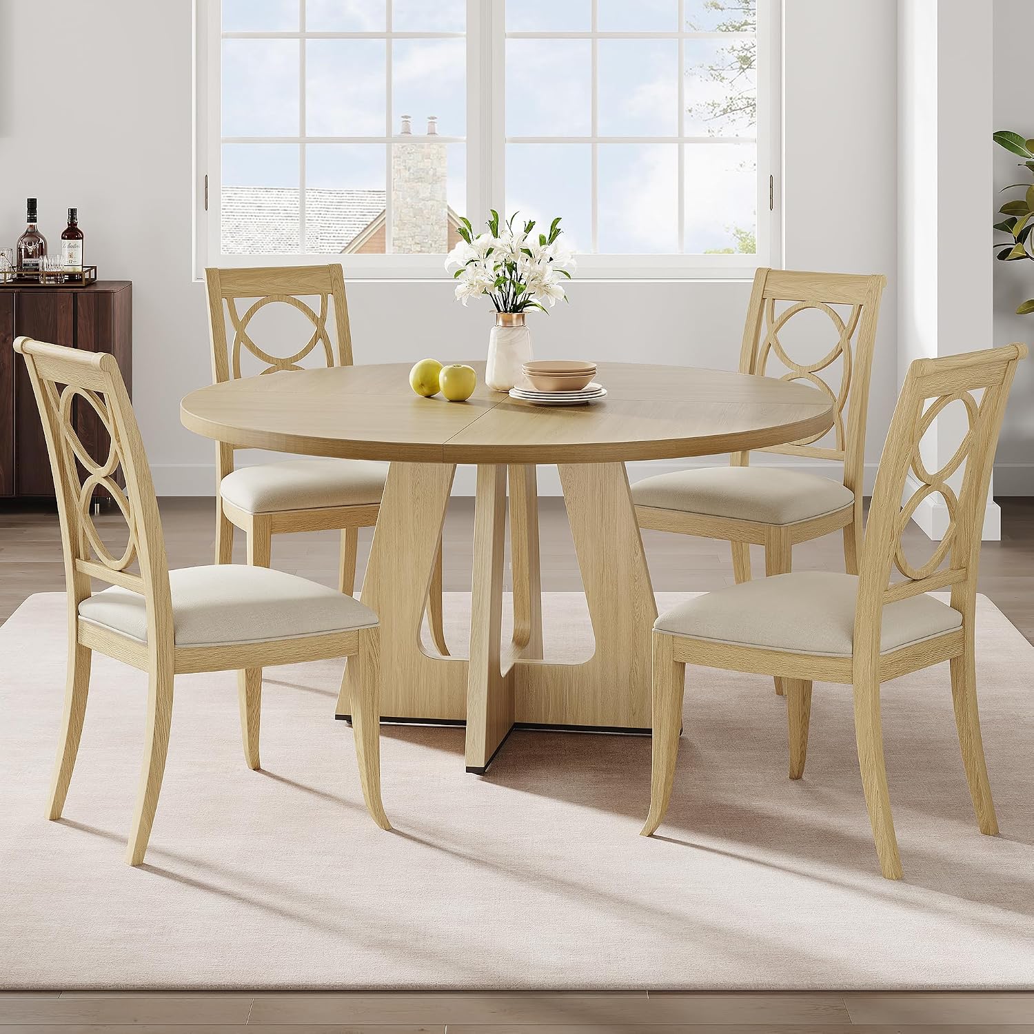 IDEALHOUSE 47' Round Dining Table Set for 4 to 6, Farmhouse Kitchen Table with Wooden Top and Pedestal Base, Circle Dinner Table for Dining Room, Kitchen Room - (No Chairs) (Burlywood)