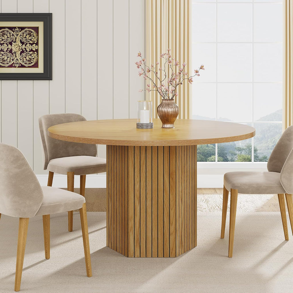 Tribesigns Wood Round Dining Table for Kitchen Room, 47 inch Dinner Table for 4 People with Heavy Duty Pedestal Base Circle Oak Tabletop for Kitchen Living Room, Natural Oak