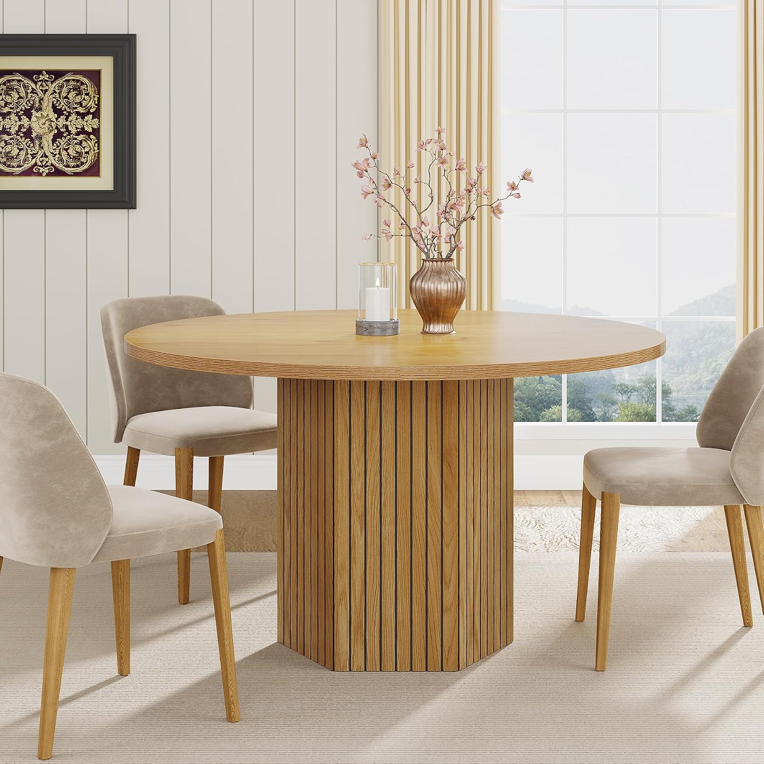 Tribesigns Wood Round Dining Table for Kitchen Room, 47 inch Dinner Table for 4 People with Heavy Duty Pedestal Base Circle Oak Tabletop for Kitchen Living Room, Natural Oak