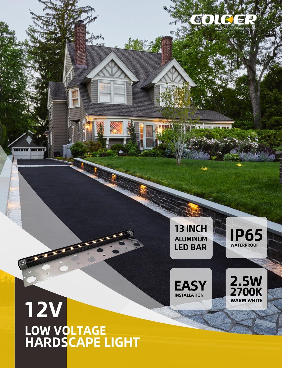 COLOER 13 Inch Aluminum LED Hardscape Lighting, Step Lights Outdoor, 12V AC/DC, 2.5W Walkway Light with Wired, IP65 Waterproof Landscape Lights, 2700K Warm White(10-Pack, 201A)