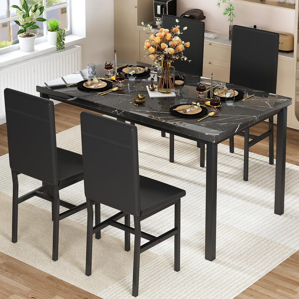 Hooseng Dining Table Set for 4, Modern Faux Marble Kitchen Table with 4 PU Leather Chairs, 5 Piece Dining Room Sets for Dinette, Breakfast Nook, Black