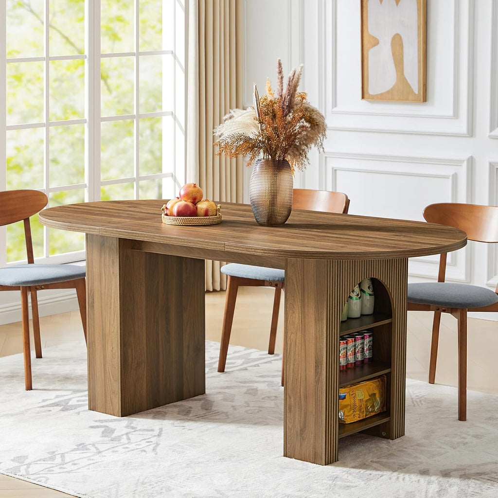 weselon 70.8' Oval Dining Table with Dual Side Storage Shelves, Rustic Farmhouse Table for 4–6 People, Modern Wooden Round Dinner Table for Kitchen, Reception, or Living Room (Walnut, Table Only)
