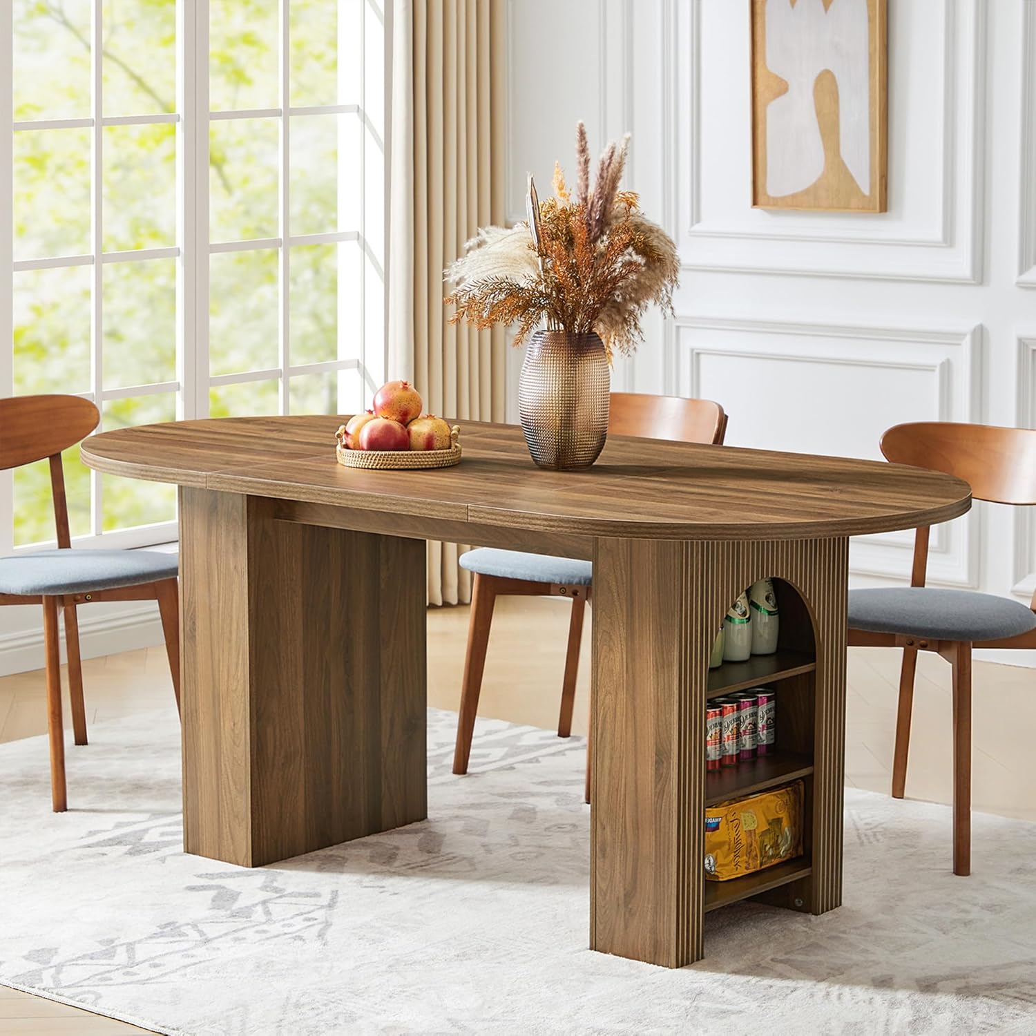 weselon 70.8' Oval Dining Table with Dual Side Storage Shelves, Rustic Farmhouse Table for 4–6 People, Modern Wooden Round Dinner Table for Kitchen, Reception, or Living Room (Walnut, Table Only)