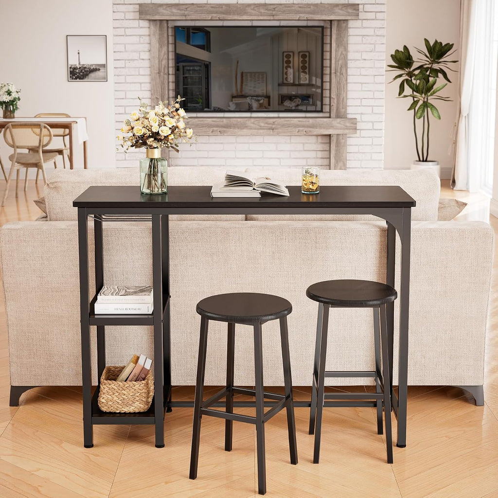 Bealife Bar Table with Bar Stool Set for 2 People, Pub Table Set with 2 Shelves and Glass Holder, Kitchen Bar Table Set for Kitchen, Living Room, Dining Room (Black)