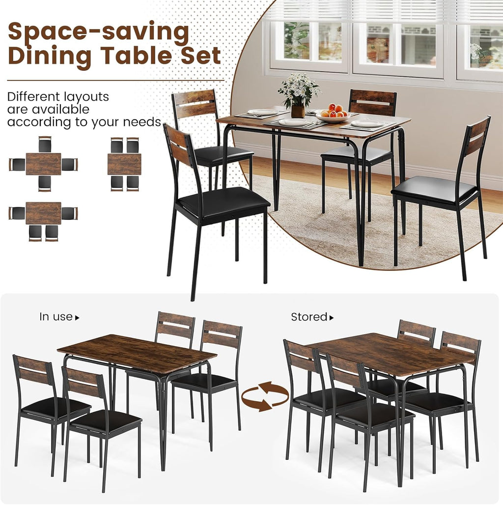 Giantex 5-Piece Dining Table Set for 4, 43-Inches Rectangular Kitchen Table & 4 Armless Chairs with Upholstered Seat, Metal Frame, Space-Saving Dinette Set for Living Room (Rustic Brown+Black)