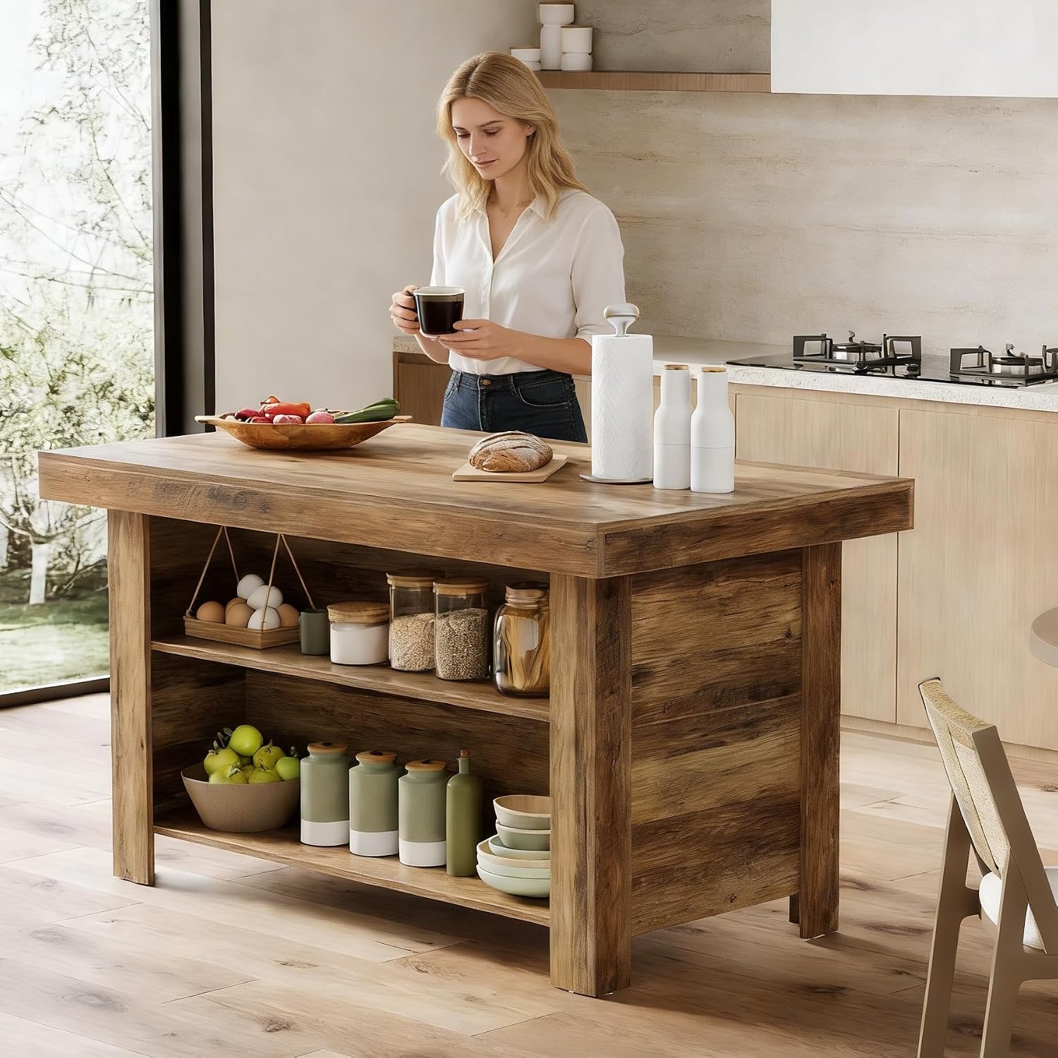 LITTLE TREE 55 Inches Kitchen Island with Storage, 3-Tier Farmhouse Wooden Stationary Island Table with Large Worktop & Leg Room, Modern Coffee Bar Table with Storage Shelf for Kitchen, Rustic Brown