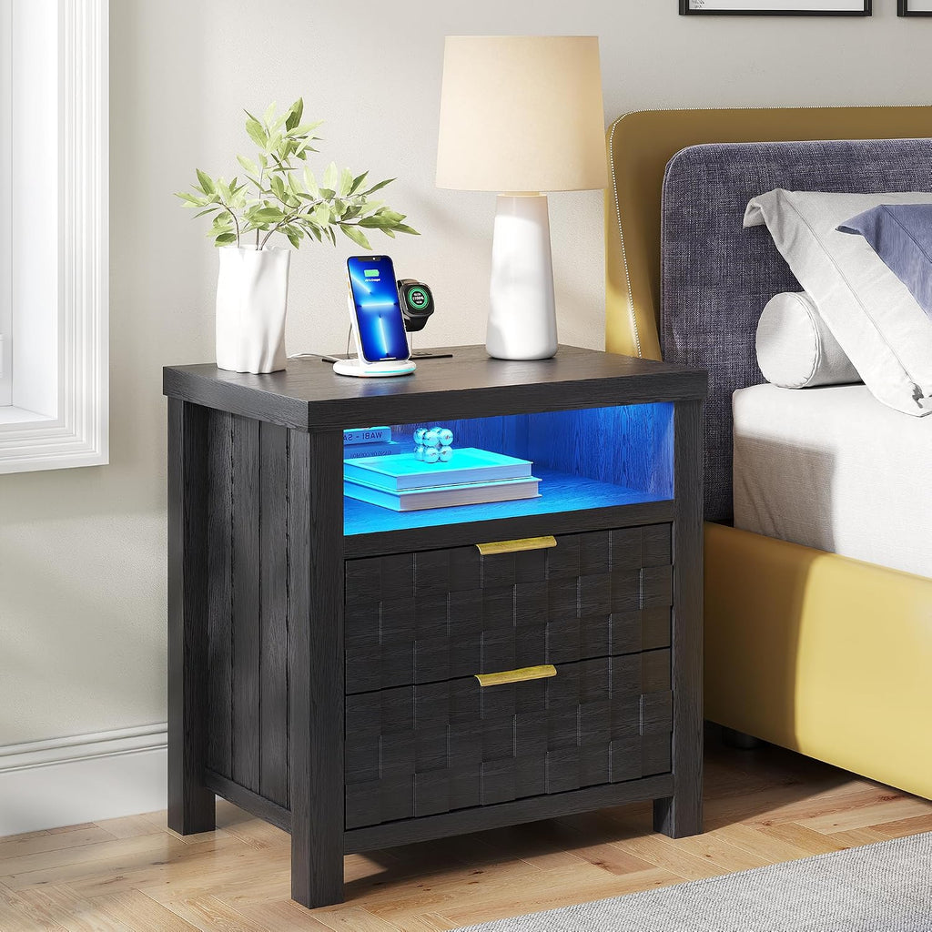 Dystler Nightstand with Charging Station, 25.6' Wide Bedside Table with 2 Drawers, Smart Side Table with 3-Color LED Lights and Adjustable Lighting for Bedroom, Black