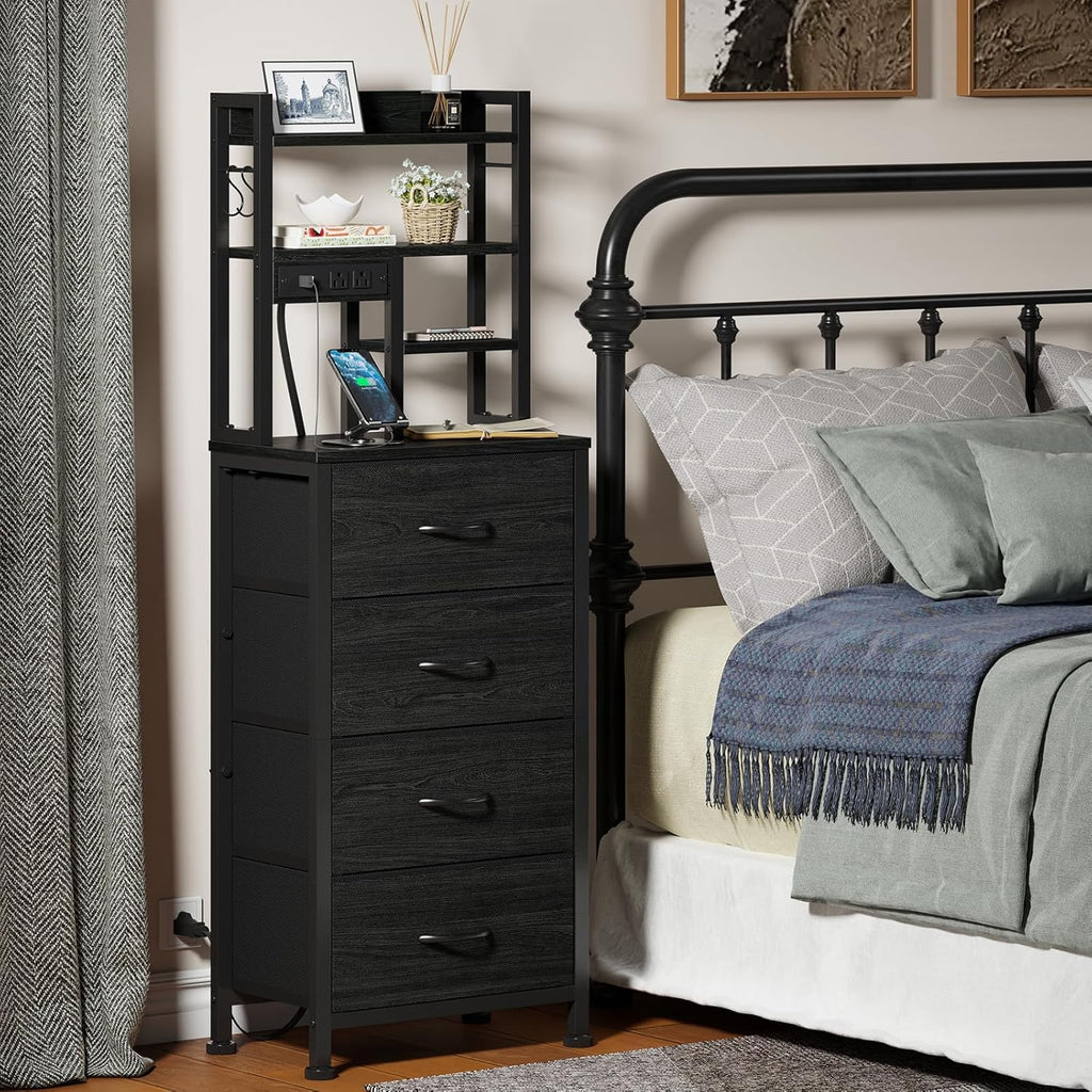 Furnulem Nightstands Set of 2, Tall Night Stand with Charger Station and USB Ports, 4 Fabric Drawers and Led Lights, Bed Side Table for Bedroom/Dorm/Office, Black Oak