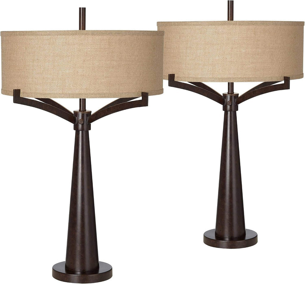 Franklin Iron Works Tremont Mid Century Modern Industrial Table Lamps 31.5' Tall Set of 2 Rich Bronze Iron Burlap Fabric Drum Shade for Living Room Bedroom House Bedside Nightstand Home Office