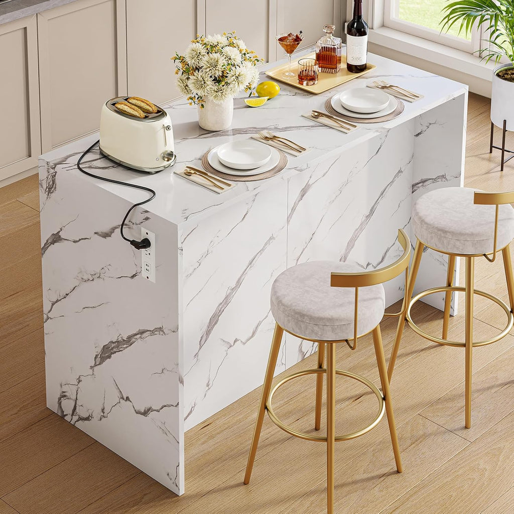 ONBRILL 47.3' Kitchen Island with 2 Storage Cabinets & 4 Drawers, Modern Imitation Marble Dining Table with Power Outlet, Island Bar Table for Kitchen, Dining Room, Living Room, White