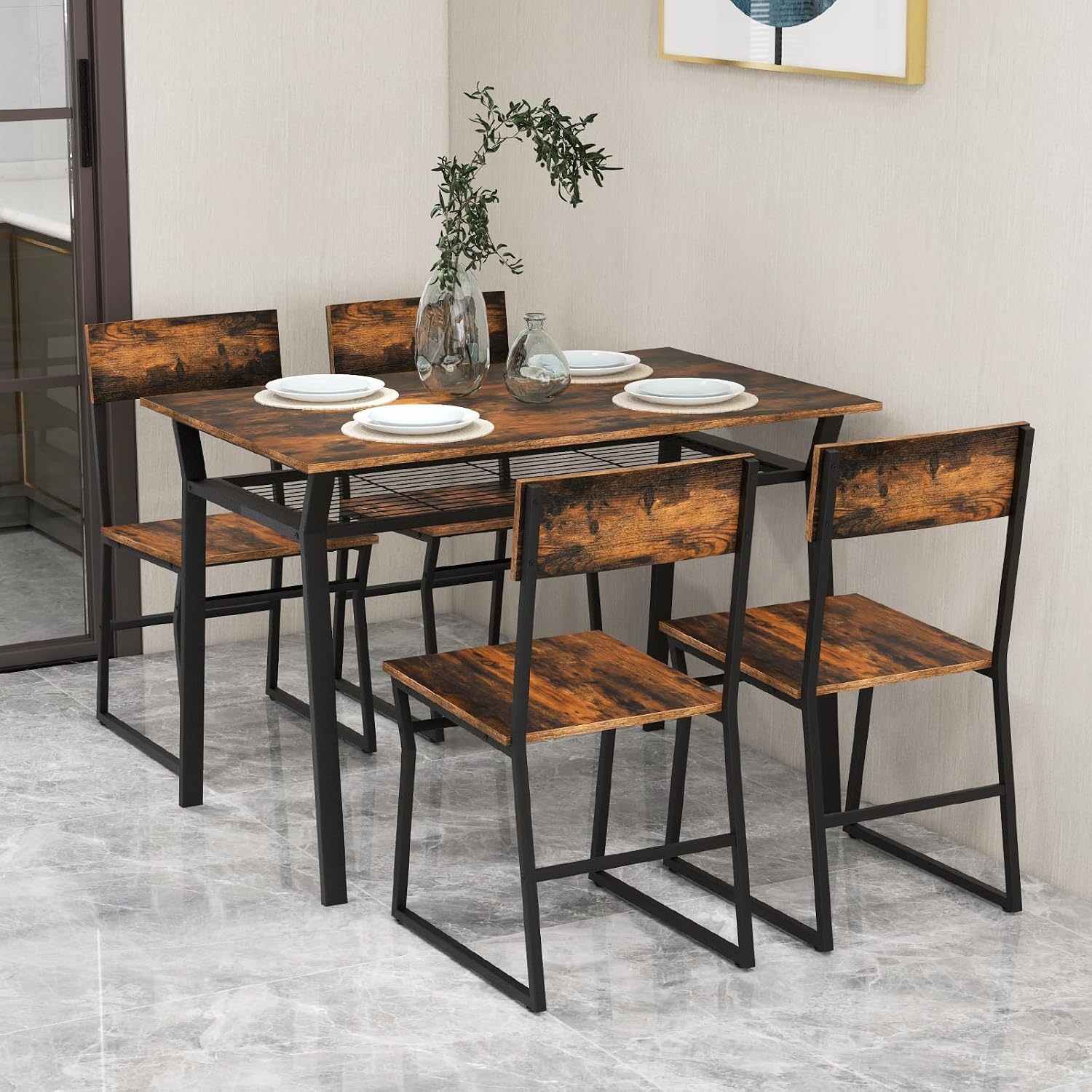 Giantex Dining Table Set for 4, 47'L x 28'W Rectangular Kitchen Table w/ 4 Trapezoid Chairs, Reinforced Metal Frame & Storage Rack, Industrial Space-Saving Dinette Set for Kitchen Dining Room (Brown)
