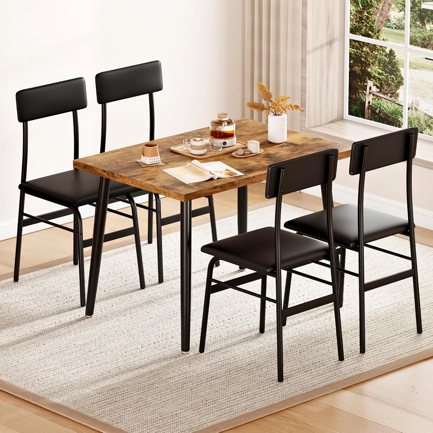 IDEALHOSUE Dining Table Set for 4, 5 Piece Kitchen Table Set with 4 Upholstered Chairs, Breakfast Table for Samll Space, Dining Room, Apartment, Restaurant, Rustic Brown