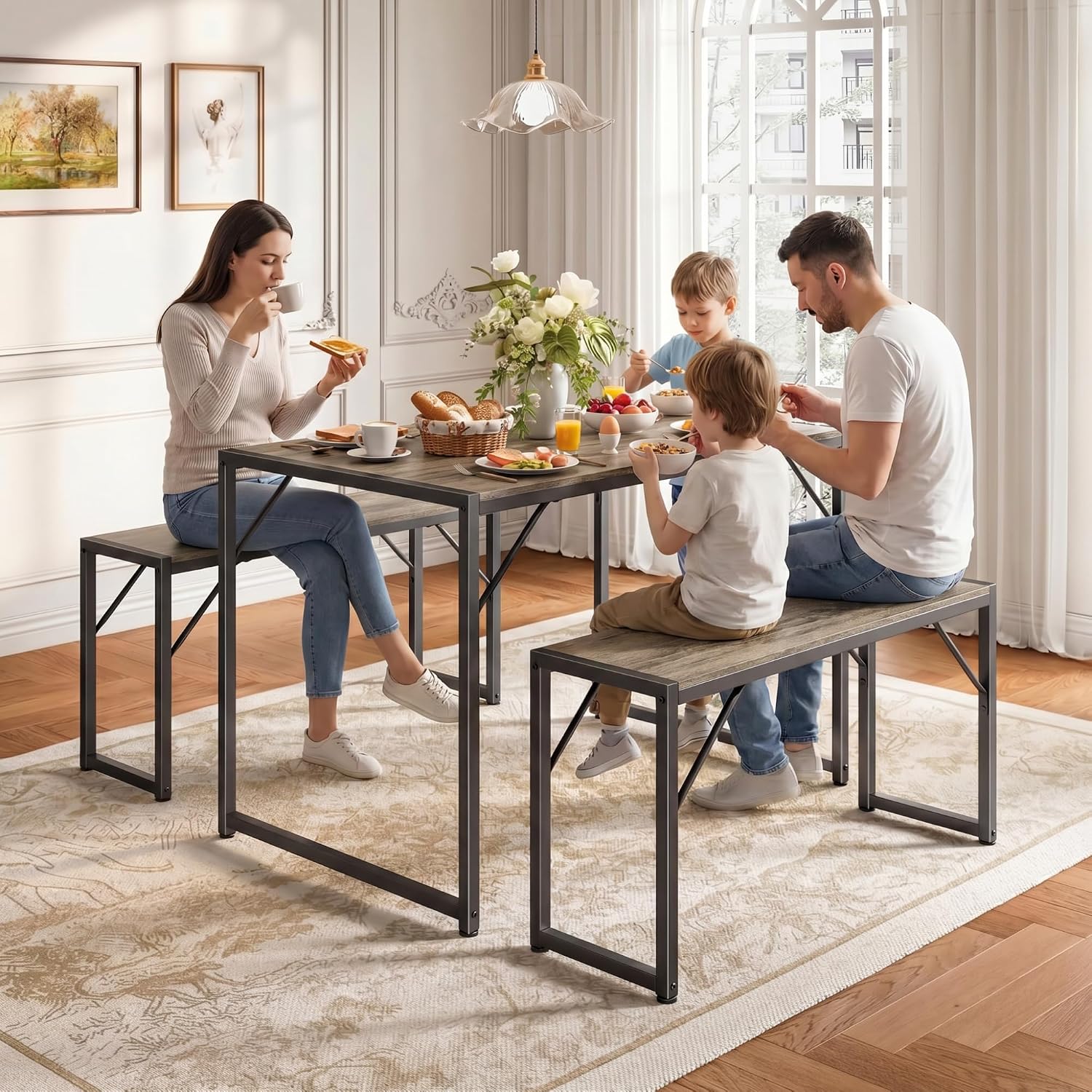Bealife Dining Table Set for 4 with Metal Frame and MDF Board, Space Saving Kitchen Table with 2 Benches, Kitchen Table Set for Apartment, Dining Room, Breakfast Nook, Grey
