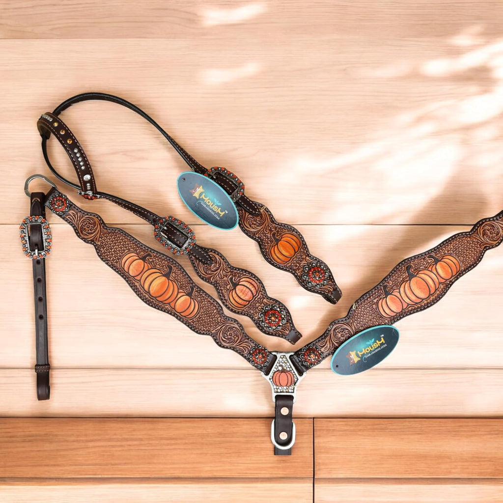 Spooky Western Leather Horse Tack Set - Hand Painted Halloween Pumpkin Headstall & Breast Collar with Floral Tooling, Rhinestones, and Window Carving