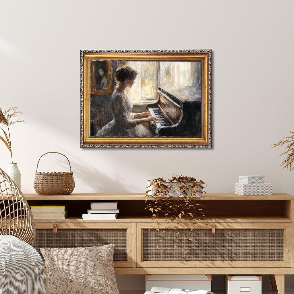 Large Framed Victorian Woman Piano Oil Painting Wall Art Elegant Lady by Window Canvas Print Classical Music Poster Room Decor Vintage European Picture Artwork for Living Room Bedroom 24x36inch